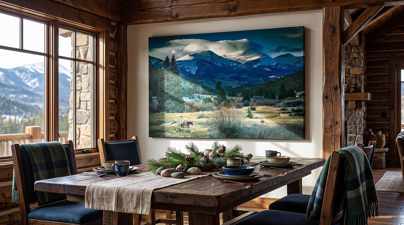 Wild Horse Wall Art – Snowy Rocky Mountain Meadow – Canvas Print / Fine Art Print
