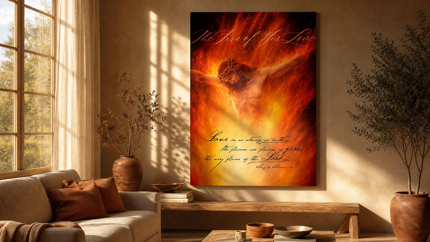 Jesus Christ crucifixion wall art canvas print in the living room of a Christian home