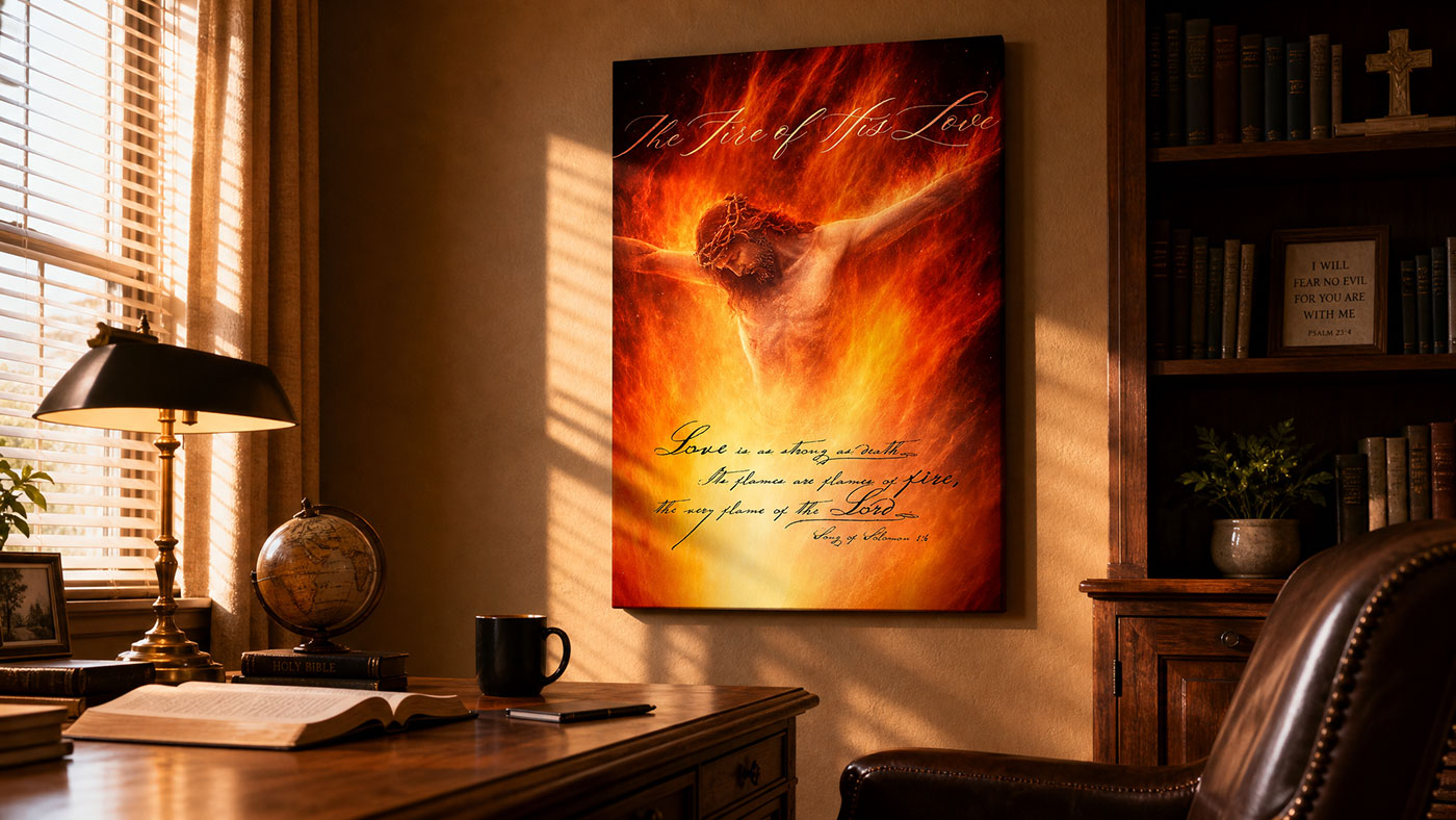 Jesus Christ crucifixion wall art print in a study room