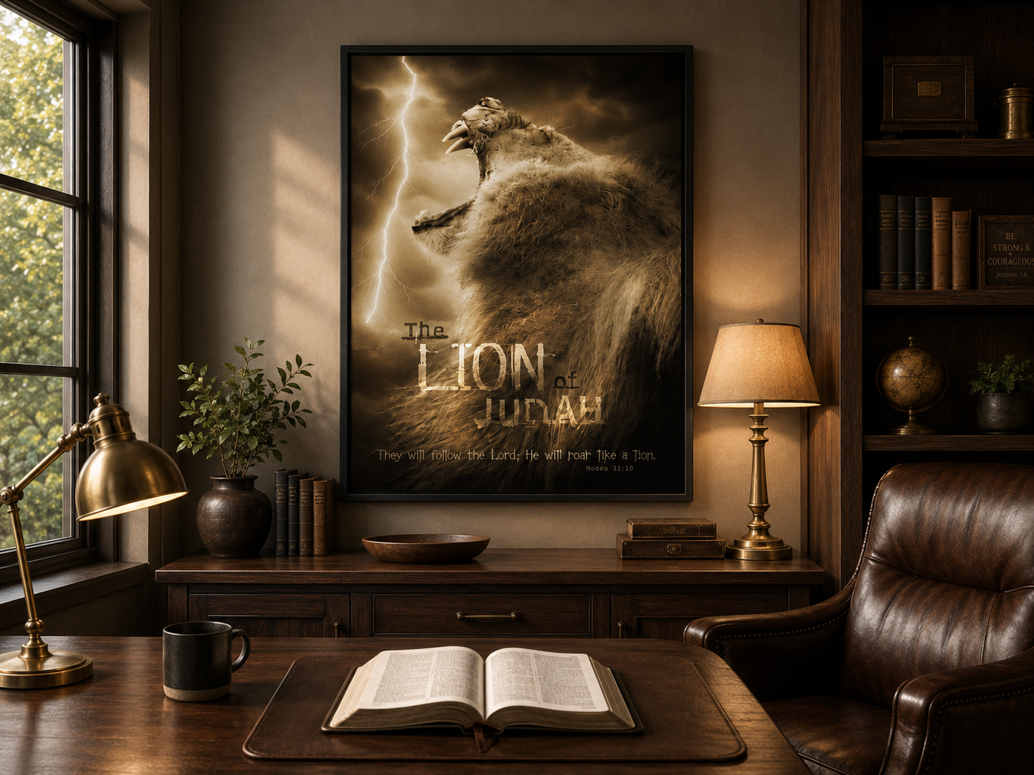 Lion of Judah Bible verse art in a black frame with window light inside a warm pastor’s study