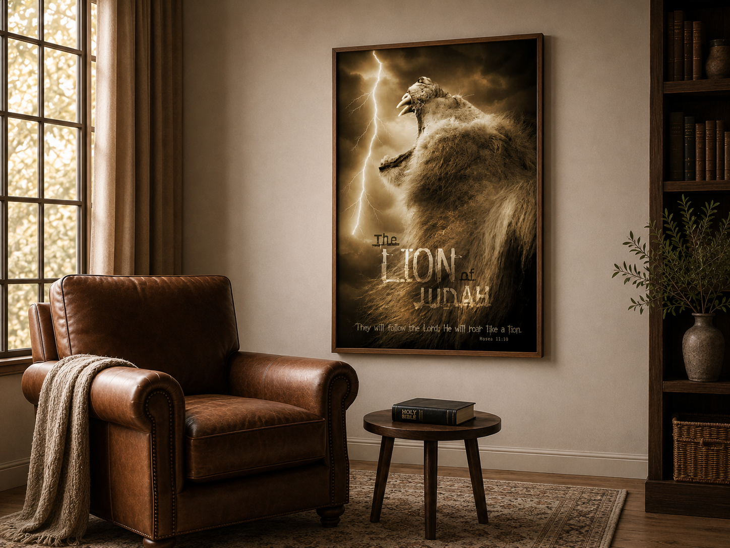 Lion of Judah Bible verse art in an oak frame with soft window light inside a Christian prayer room