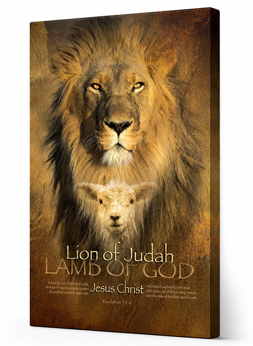 A vertical canvas wall art print featuring a lion and lamb illustration with the text 'Lion of Judah', 'Lamb of God', and 'Jesus Christ'.