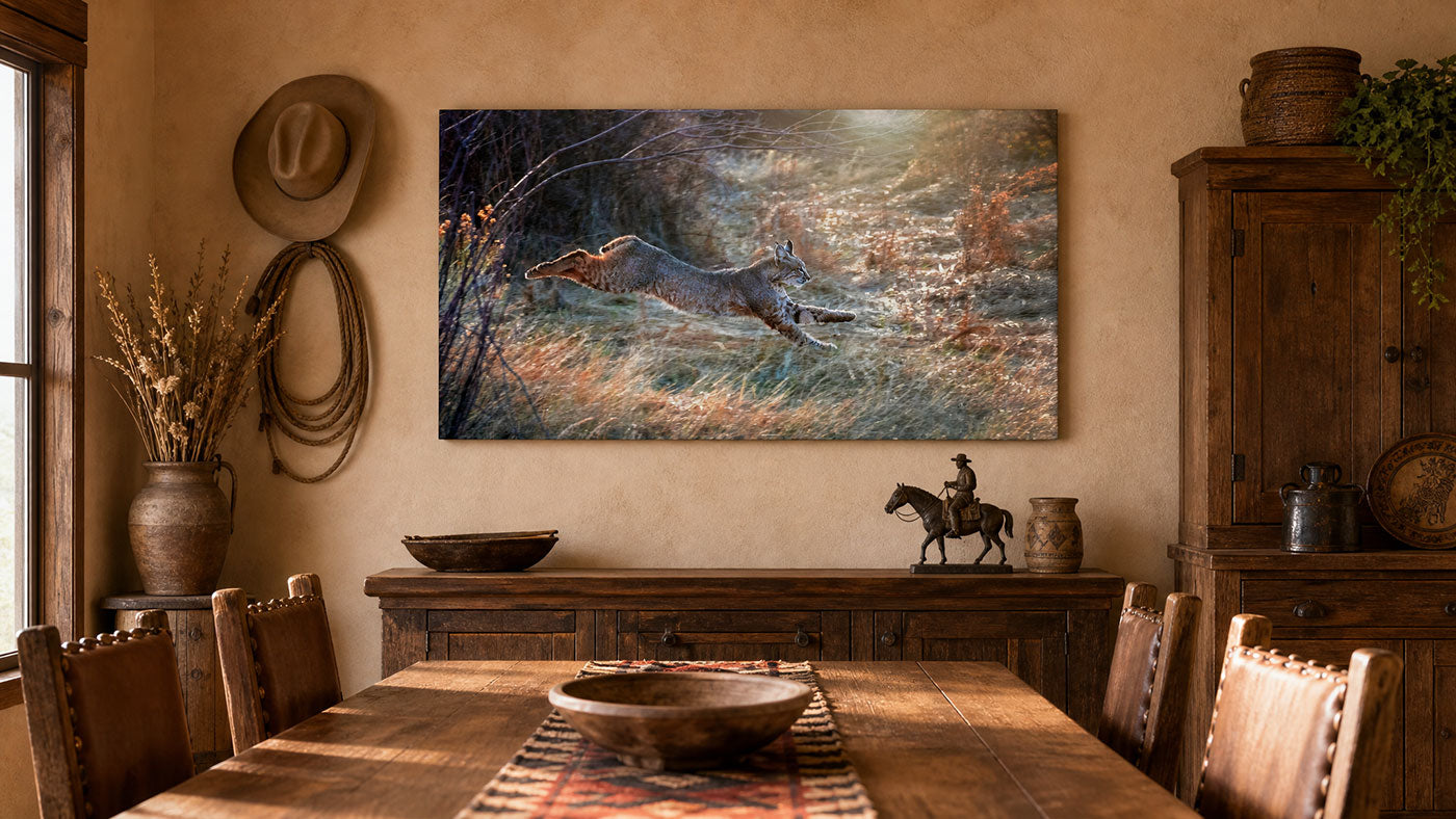Dining room with lynx canvas print, wildlife wall art showing a running bobcat in a forest