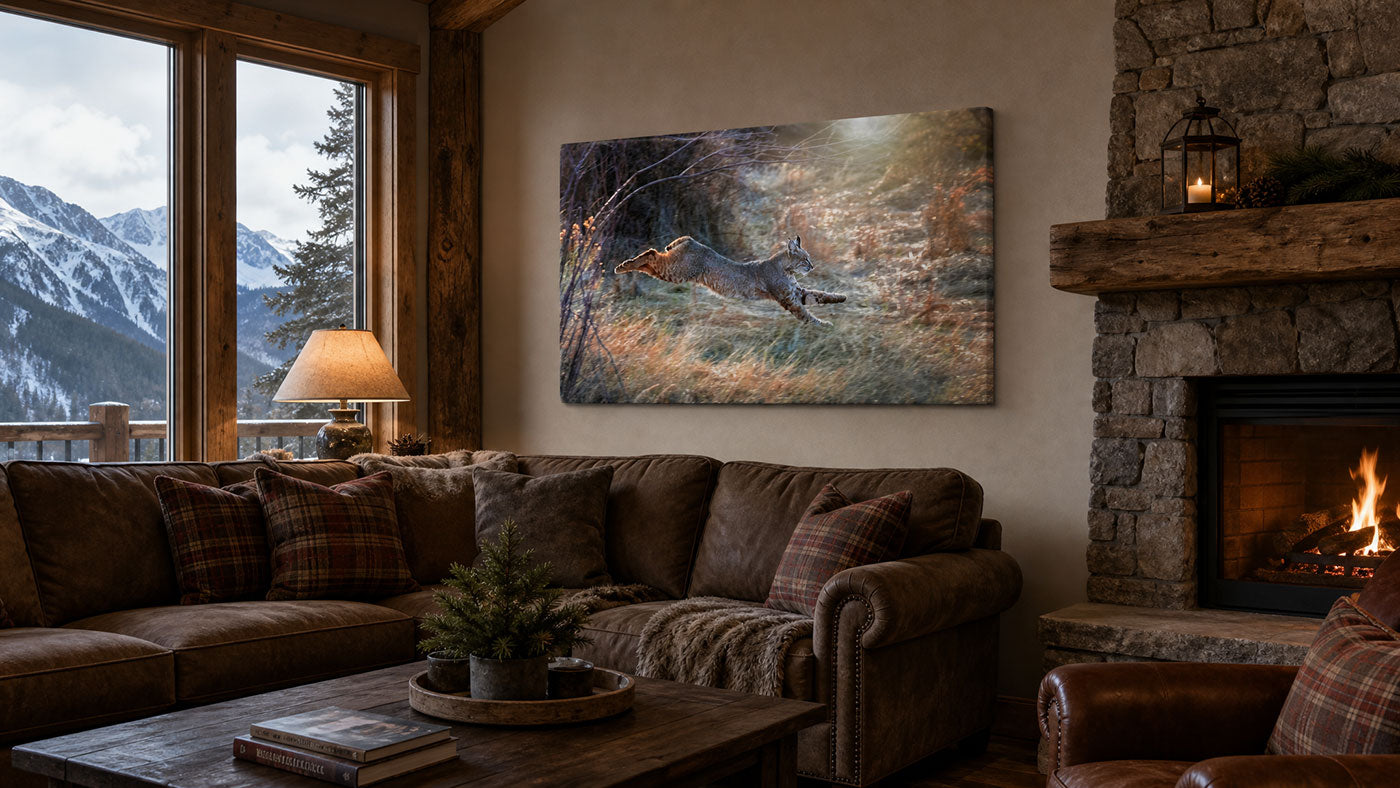 A large rectangular canvas wall art print depicting a wolf running through a snowy forest, displayed in a cozy mountain-style living room above a brown sectional sofa next to a stone fireplace.