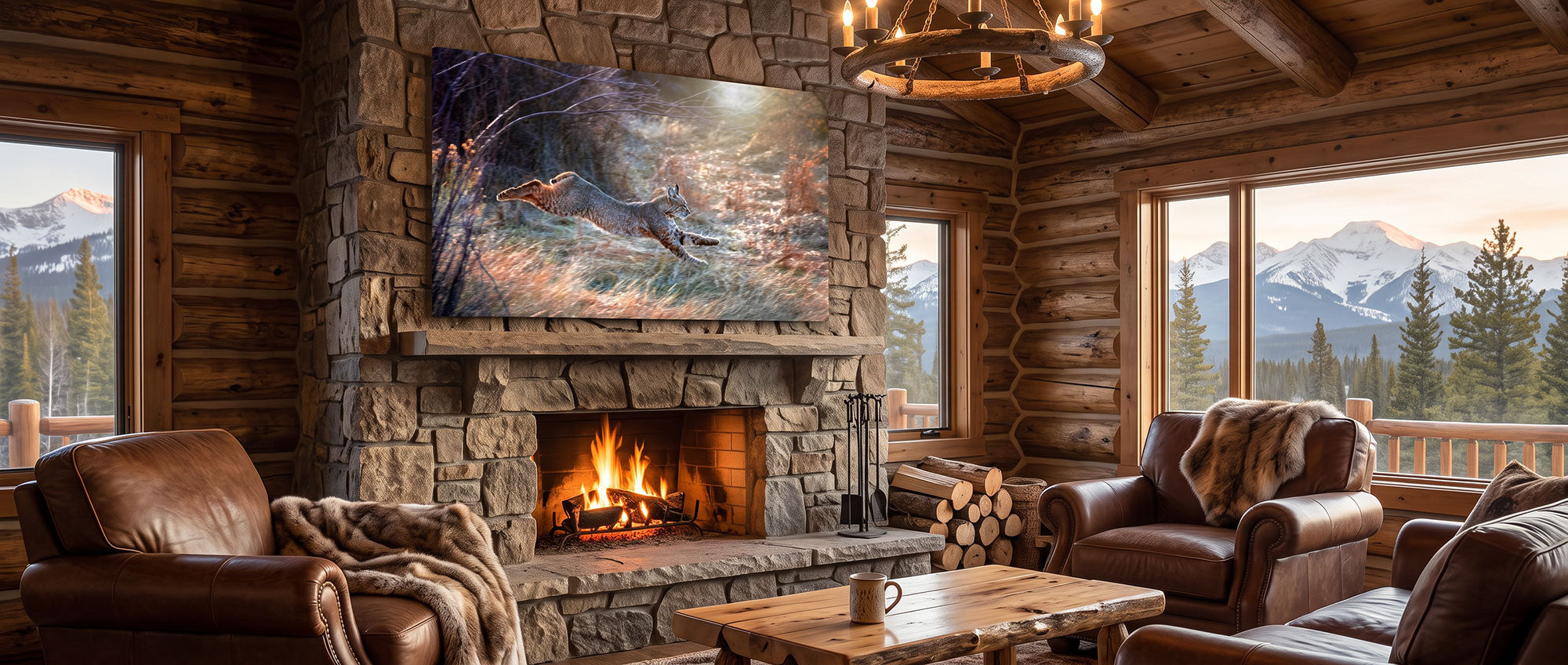 A large framed landscape art print depicting a deer in a forest, displayed on a rustic stone fireplace wall inside a cozy log cabin living room with a burning fire and mountain views.