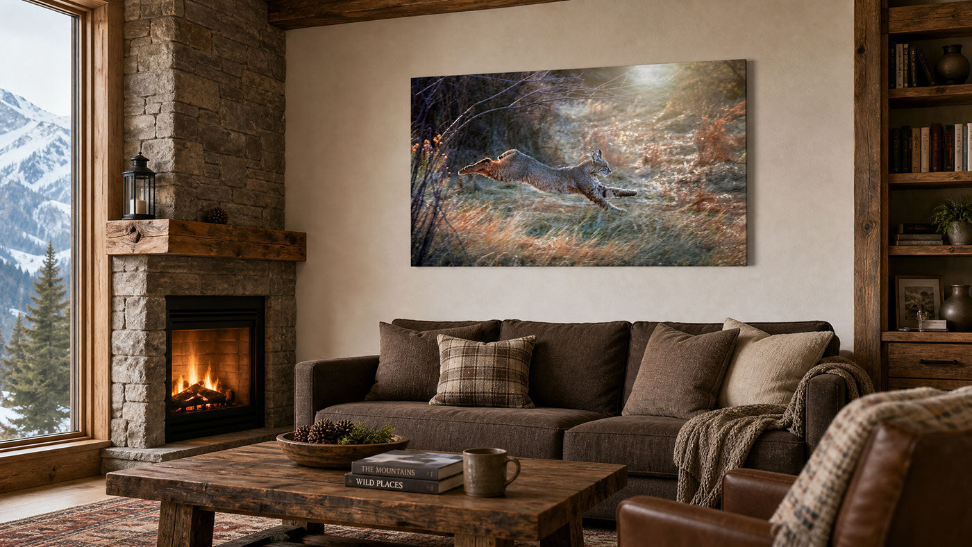 A large rectangular wall art print depicting a wolf in a snowy forest hangs above a brown sofa in a rustic living room with a fireplace, wood table, and mountain view.