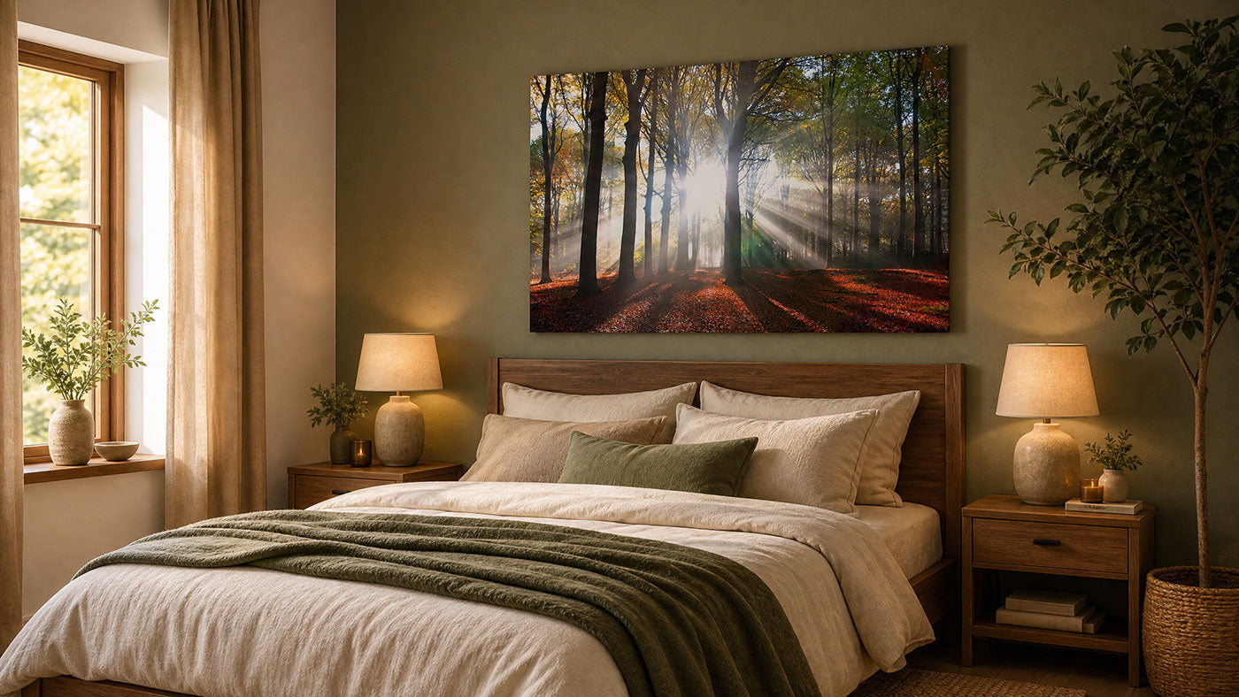 A large rectangular wall art print showing a sunlit forest path hangs above a neatly made bed in a warm, modern bedroom. The artwork features tall trees, golden light rays, and orange-red fallen leaves on the forest floor.