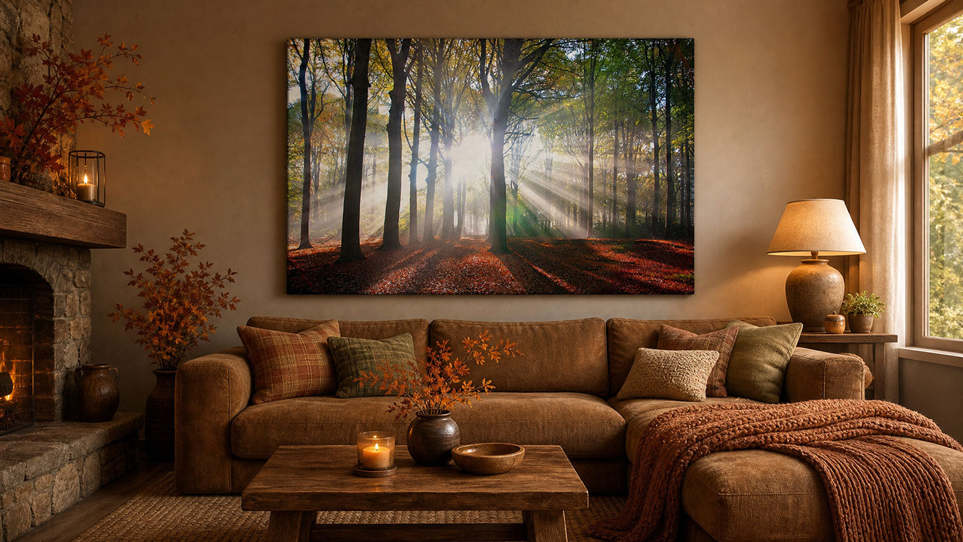 A large rectangular wall art print showing a sunlit forest path with autumn trees and warm light rays, displayed above a brown sectional sofa in a styled living room with a fireplace, lamp, and coffee table.