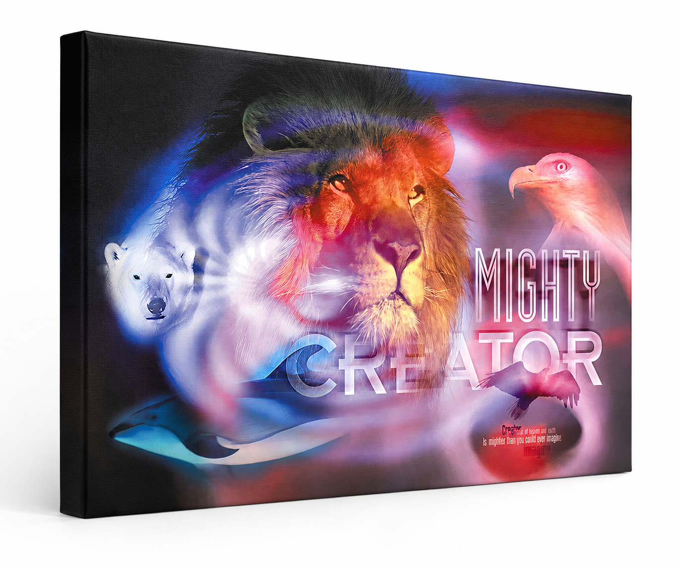 Mighty Creator gallery wrapped canvas print 3D product mockup showing premium museum-quality stretched canvas with visible canvas depth and texture.
