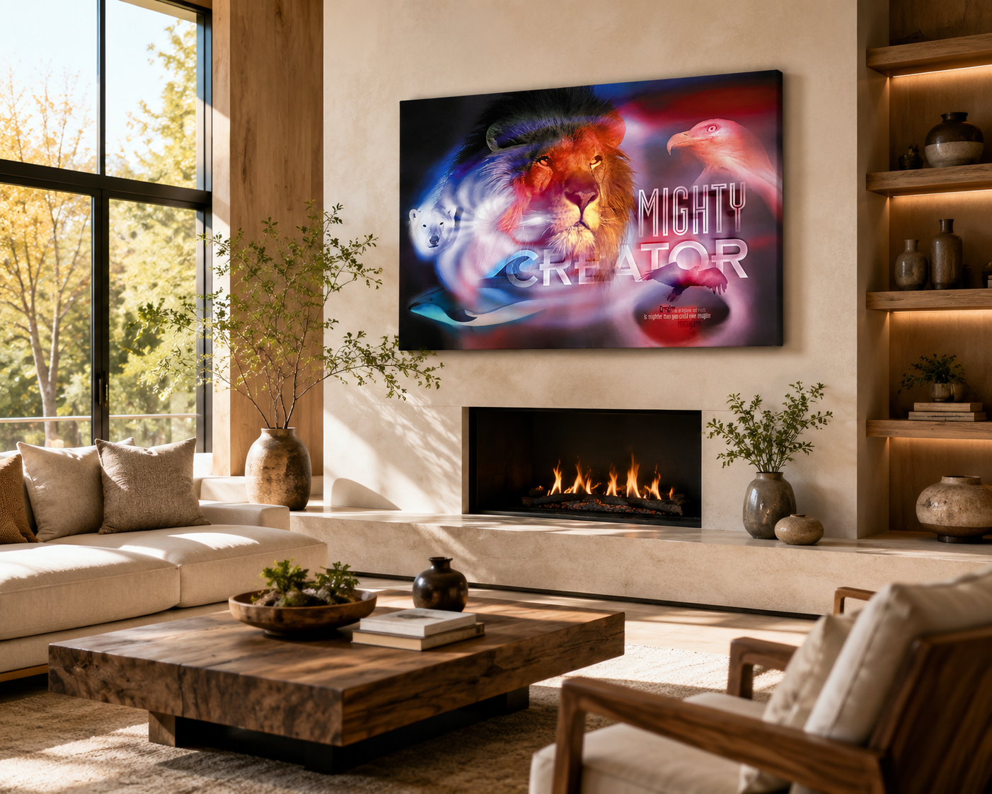 Mighty Creator gallery wrapped canvas print displayed in a bright luxury contemporary living room with warm natural window light.