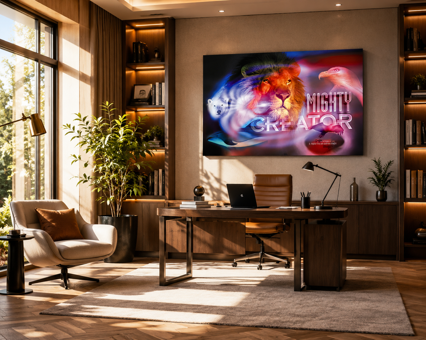 Mighty Creator gallery wrapped canvas print showcased in a bright modern home office with warm natural light and elegant contemporary décor.