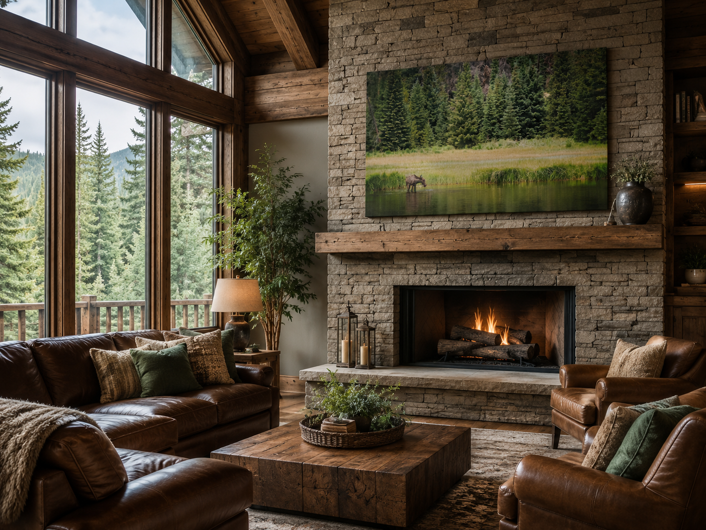 Moose in Forest Wall Art displayed in a luxury mountain lodge living room with natural wood, stone accents, and peaceful forest-inspired décor.