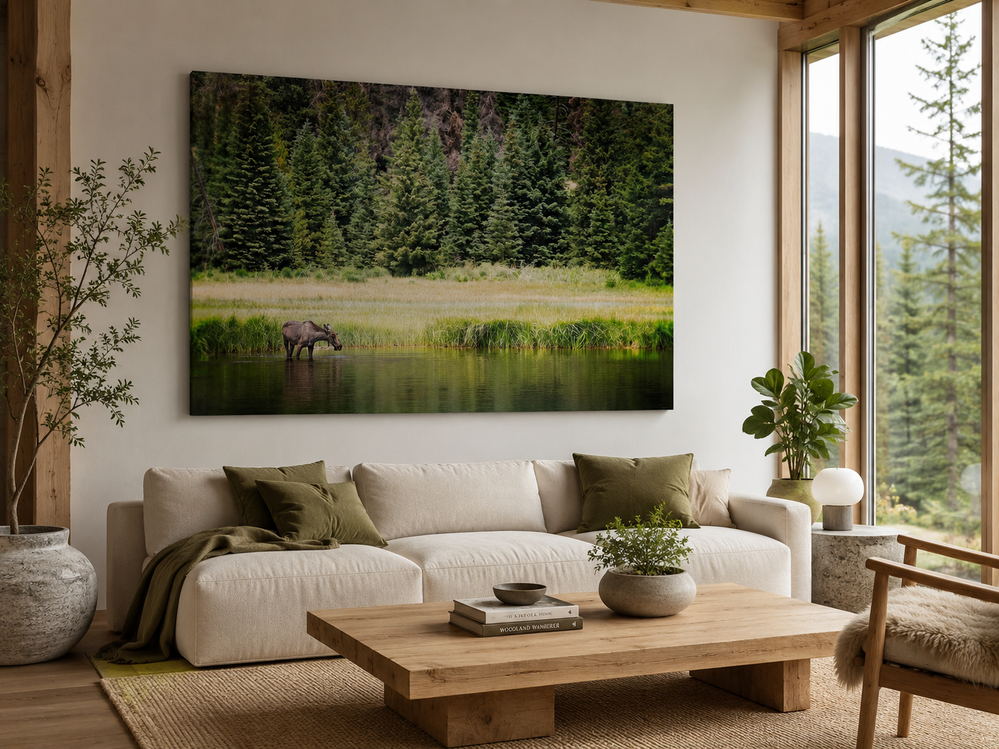 Moose in Forest Wall Art displayed in a Scandinavian nature retreat with forest-inspired décor, panoramic windows, and elegant natural lighting.