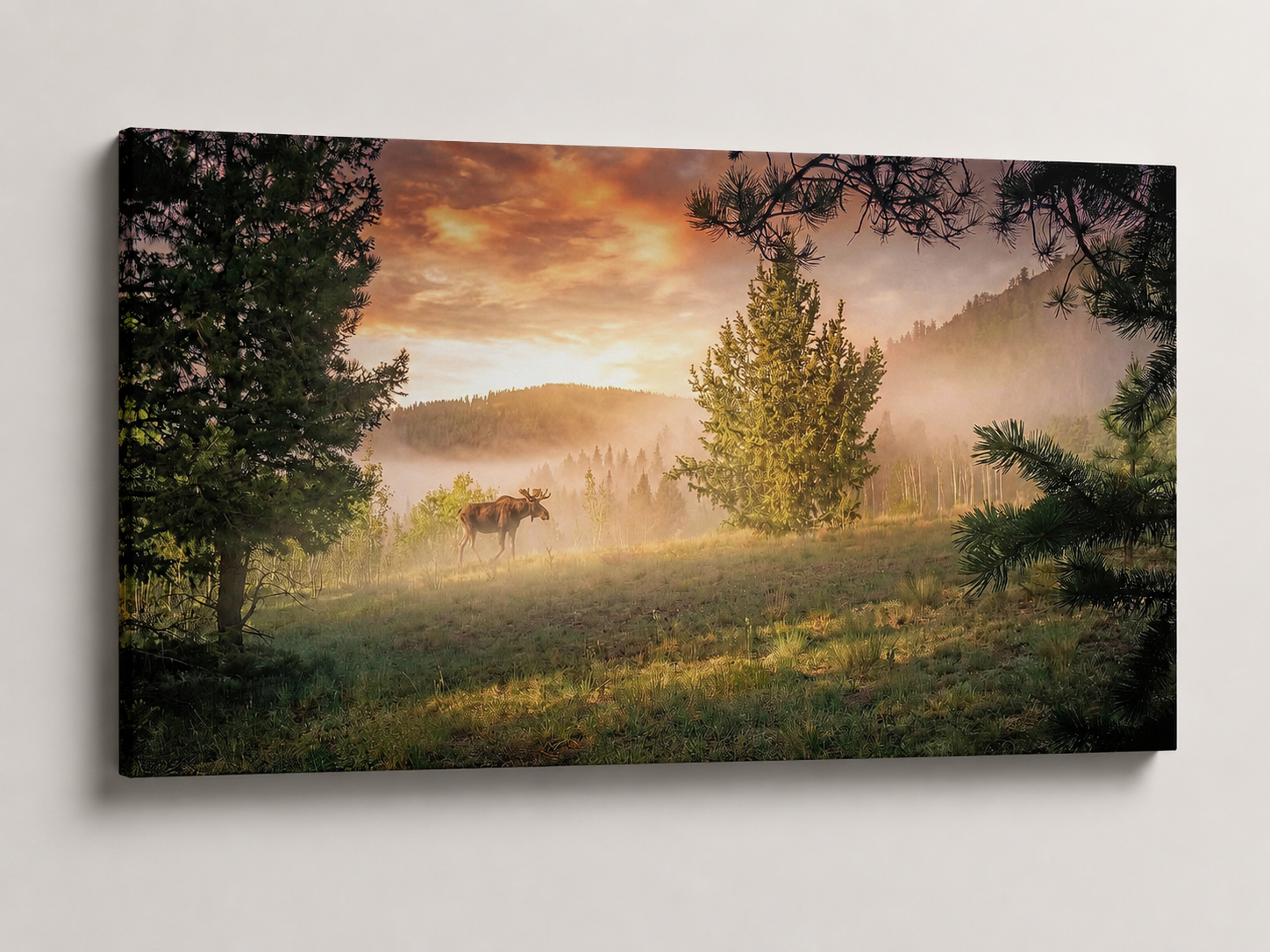 3D gallery wrapped canvas mockup of Moose in Mountain Mist Wall Art with a thin premium canvas edge on a neutral studio background