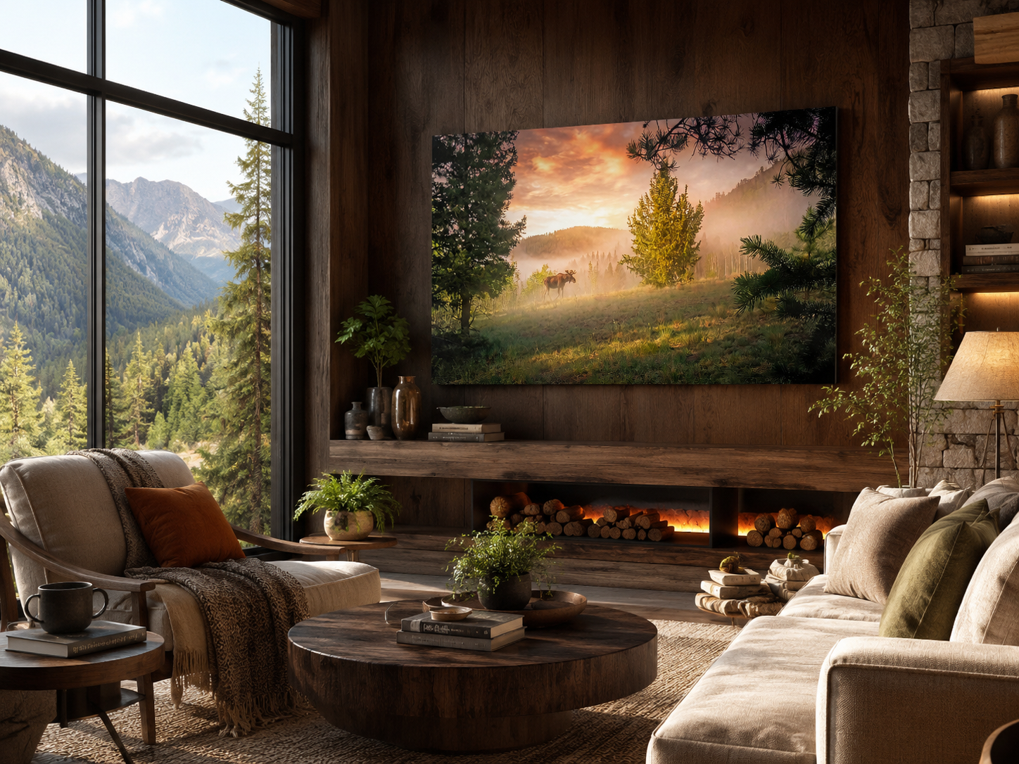Moose in Mountain Mist Wall Art displayed as a thin gallery wrapped canvas in a modern mountain retreat reading lounge