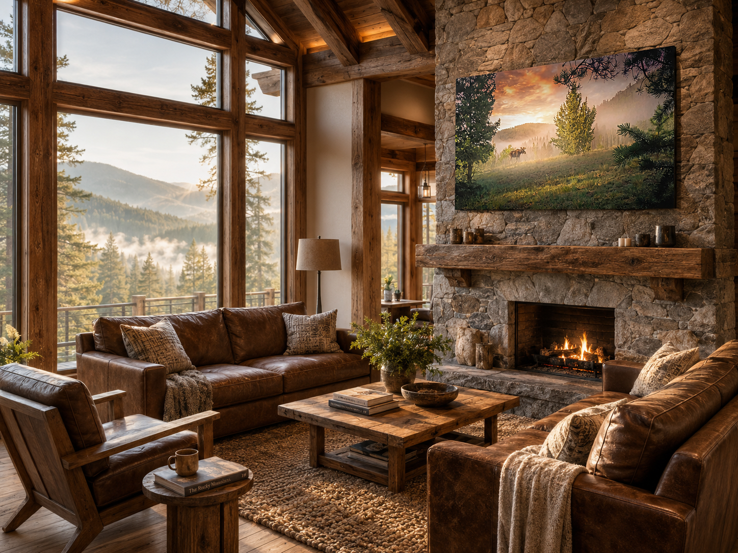 Moose in Mountain Mist Wall Art displayed as a thin gallery wrapped canvas in a luxury rustic mountain lodge living room