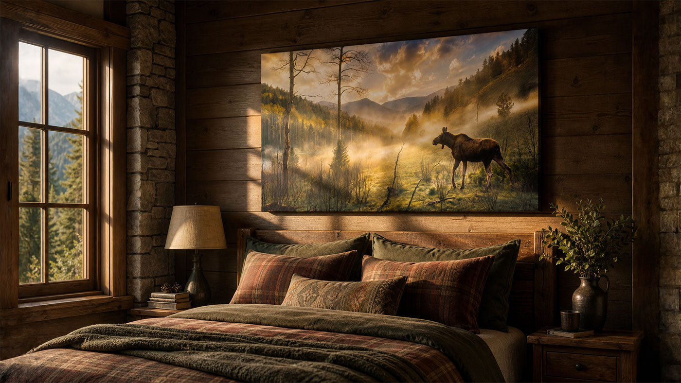 A large rectangular wall art print depicting a misty forest landscape with a horse standing in a field, displayed above a bed in a rustic wood-paneled bedroom. The room includes a window with outdoor mountain scenery, a lamp, and a vase with greenery.