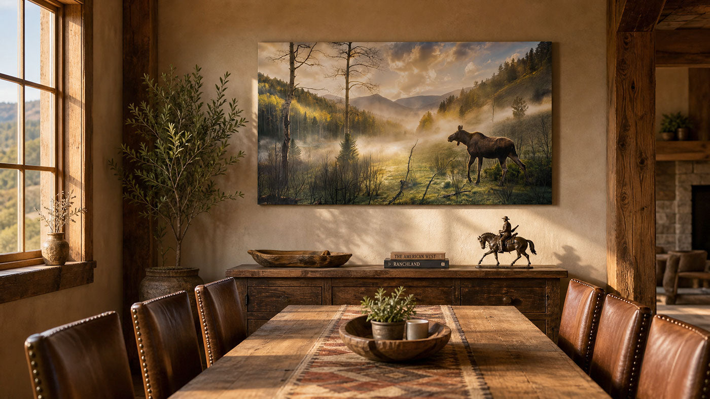 A large rectangular wall art print depicting a misty forest landscape with a horse and rider, displayed above a wooden console in a rustic dining room with a table and chairs.