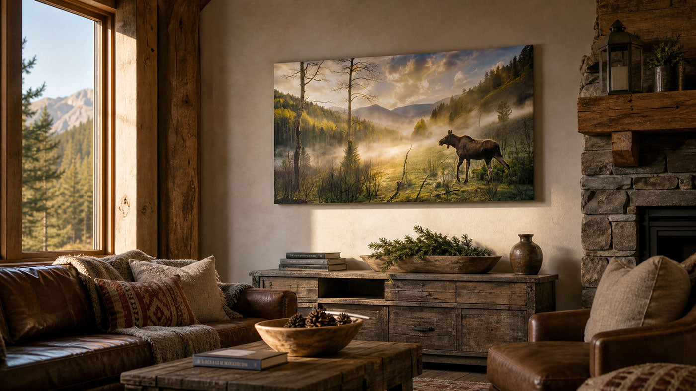 A large rectangular wall art print depicting a moose in a misty mountain forest hangs on a rustic living room wall above a wooden console. The room includes a leather sofa, coffee table, stone fireplace, and warm natural light from a window.