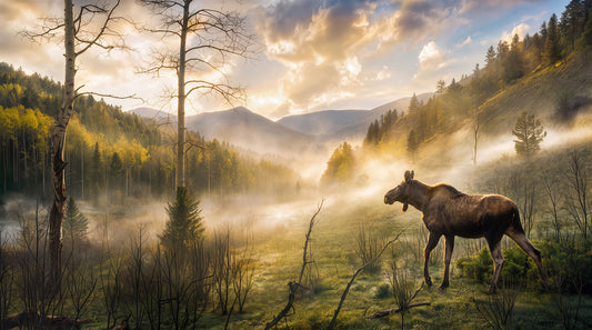Moose wall art, canvas print showing a moose stands in a misty mountain valley at sunrise, surrounded by evergreen trees, bare birch trees, and golden sunlight filtering through clouds.