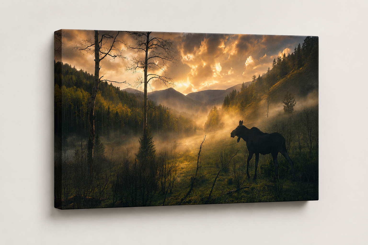 3D gallery wrapped canvas mockup of Moose Silhouette Wall Art featuring a dramatic misty mountain wildlife photography print with a thin premium canvas edge.