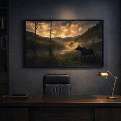 Moose Silhouette Wall Art – Dramatic Misty Mountain Photography Print