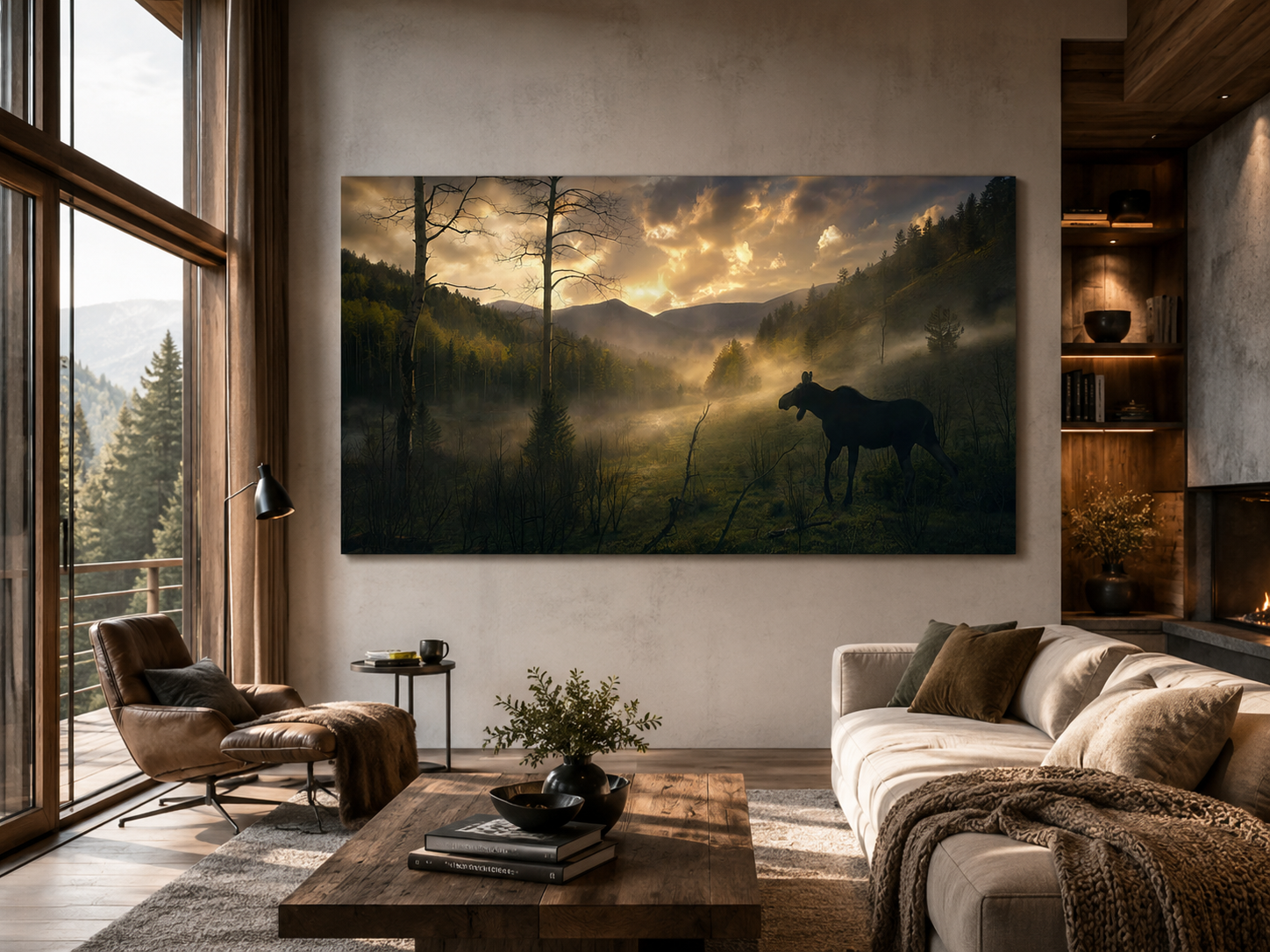 Moose Silhouette Wall Art displayed in a modern mountain chalet reading lounge featuring a dramatic misty mountain wildlife photography canvas print.