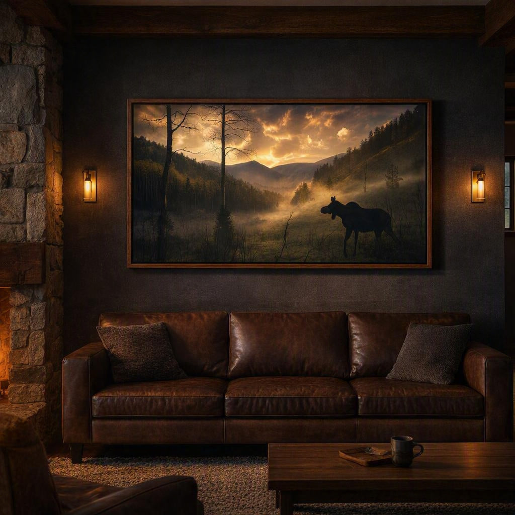 Moose Silhouette Wall Art – Dramatic Misty Mountain Photography Print