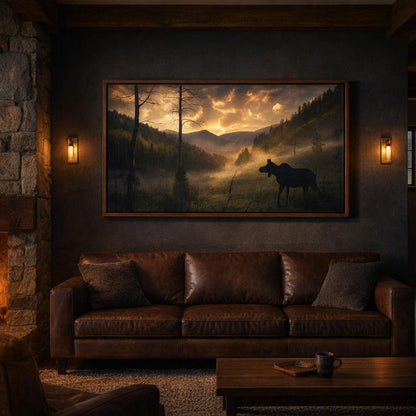 Moose Silhouette Wall Art – Dramatic Misty Mountain Photography Print