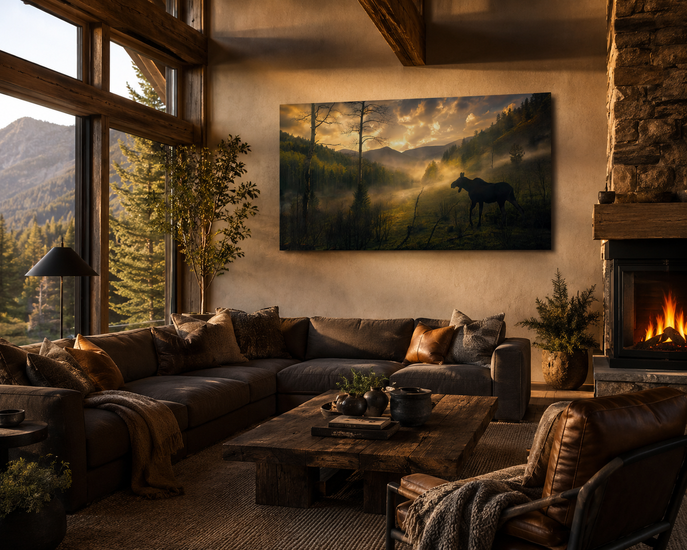 Moose Silhouette Wall Art displayed in a luxury rustic mountain lodge living room with warm sunset tones and premium gallery wrapped canvas.