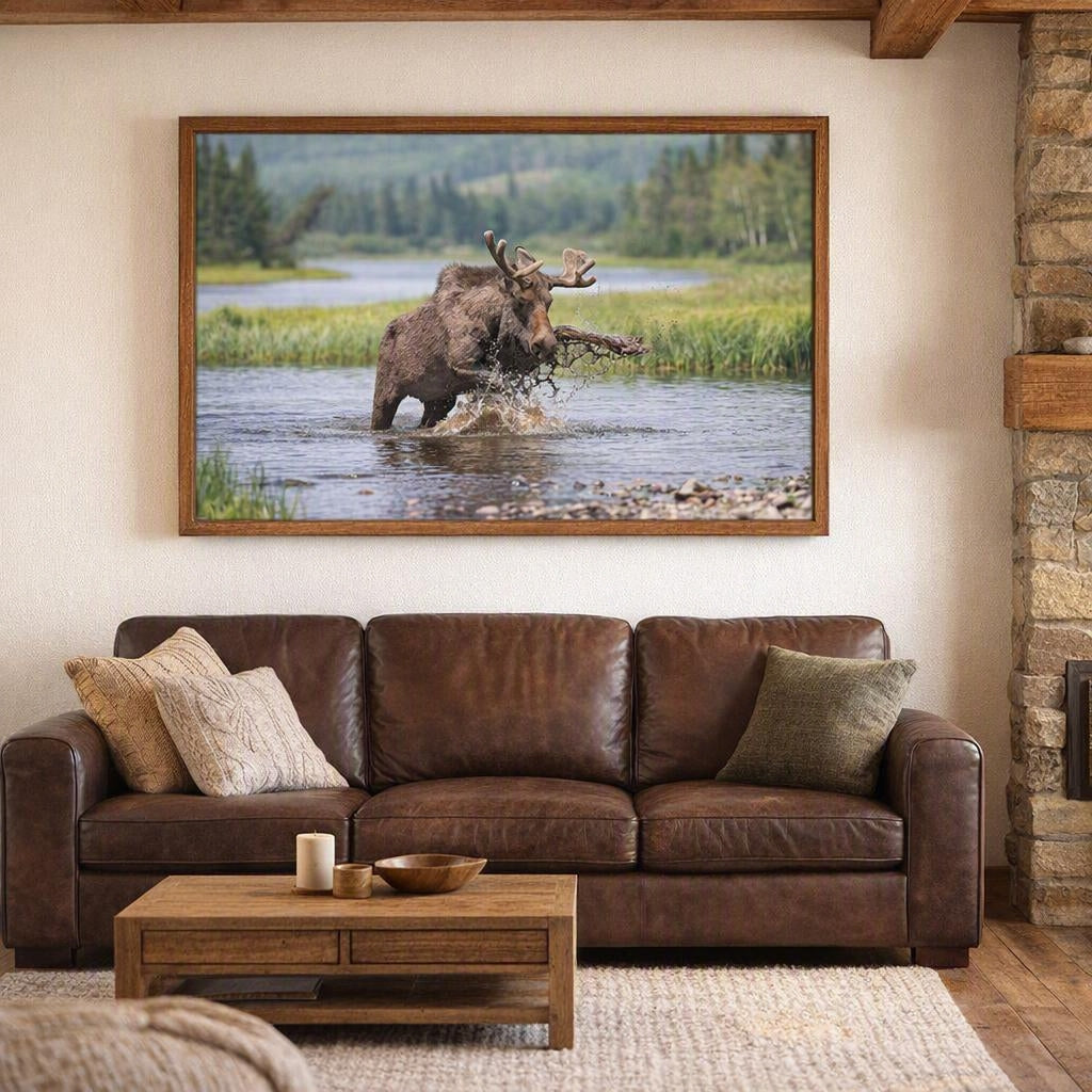 Moose Splashing Through Water Wall Art – Dynamic Antlered Moose Wetland Photography Print