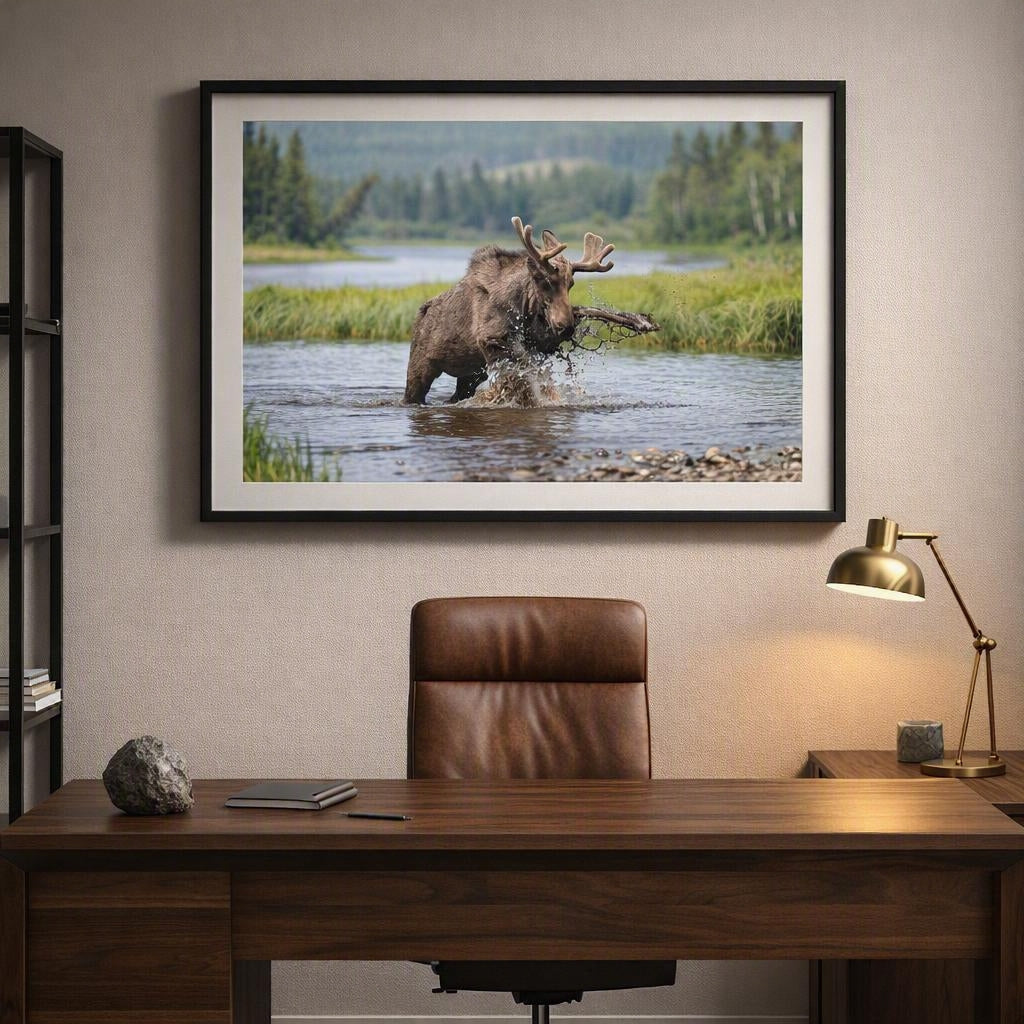 Moose Splashing Through Water Wall Art – Dynamic Antlered Moose Wetland Photography Print