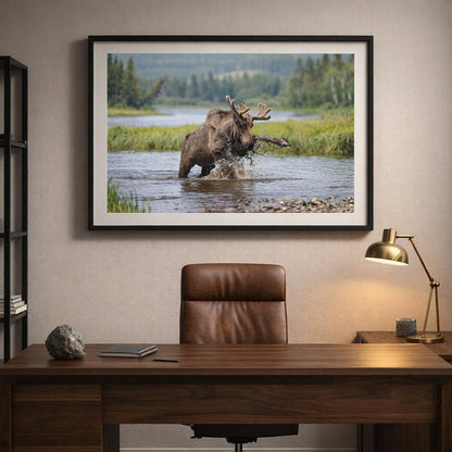 Moose Splashing Through Water Wall Art – Dynamic Antlered Moose Wetland Photography Print