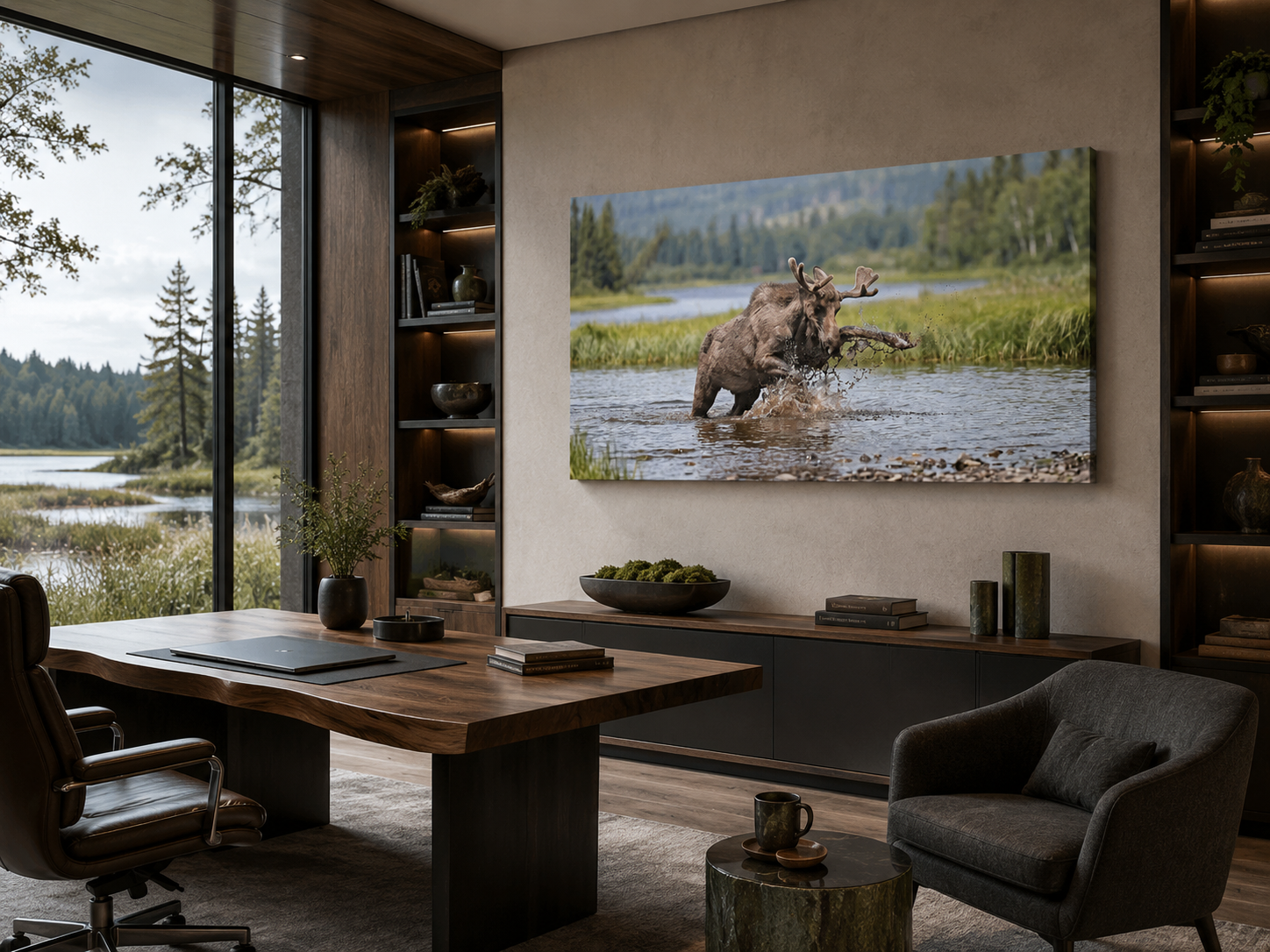 Dynamic antlered moose wetland photography canvas displayed in a contemporary nature-inspired office