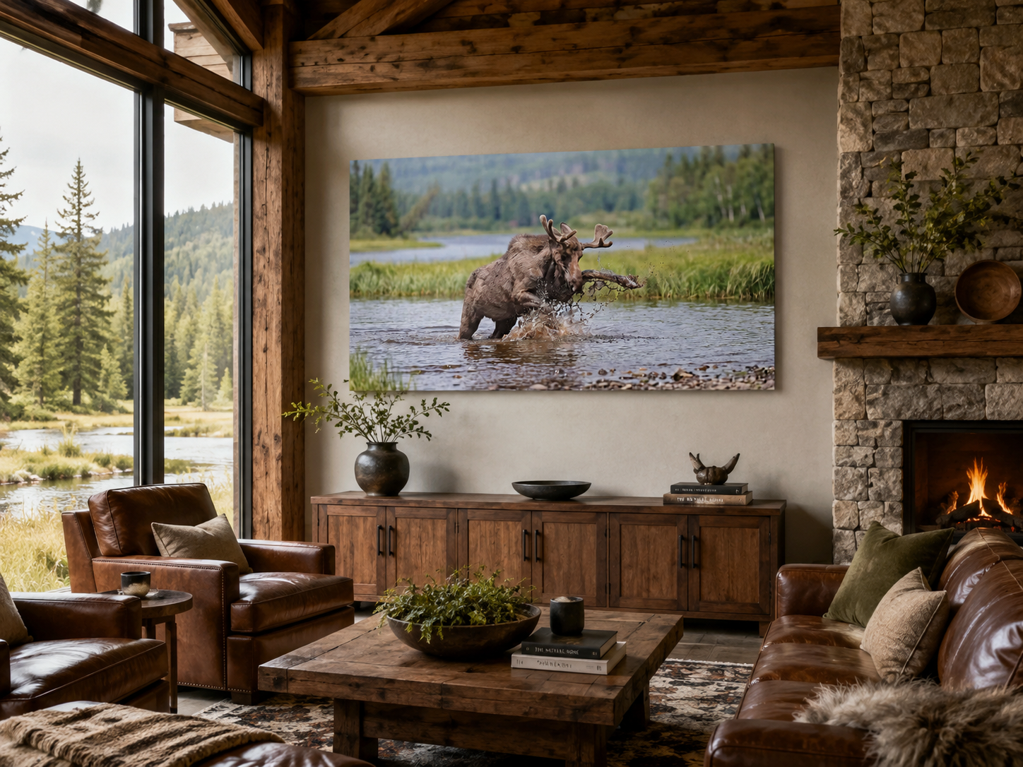 Moose splashing through water canvas wall art in a luxurious rustic mountain lodge living room