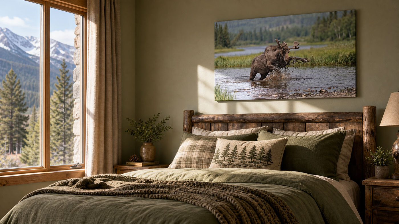A rustic bedroom scene with a bed dressed in olive green bedding and a moose landscape wall art print hanging above the headboard. The room has a large window showing snowy mountains and pine trees, with a bedside lamp and small plants on wooden nightstands.