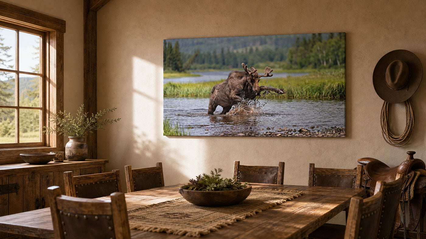 A large rectangular wall art print showing a moose wading through shallow water in a forest landscape, displayed on a beige wall in a rustic dining room with a wooden table, chairs, window light, and a cowboy hat hanging on the wall.