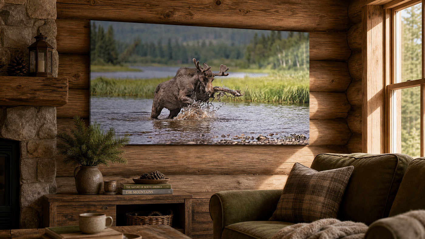 A large rectangular wall art print showing a moose standing in shallow water with a tree branch in its mouth, displayed in a rustic log cabin living room above a sofa and next to a window.