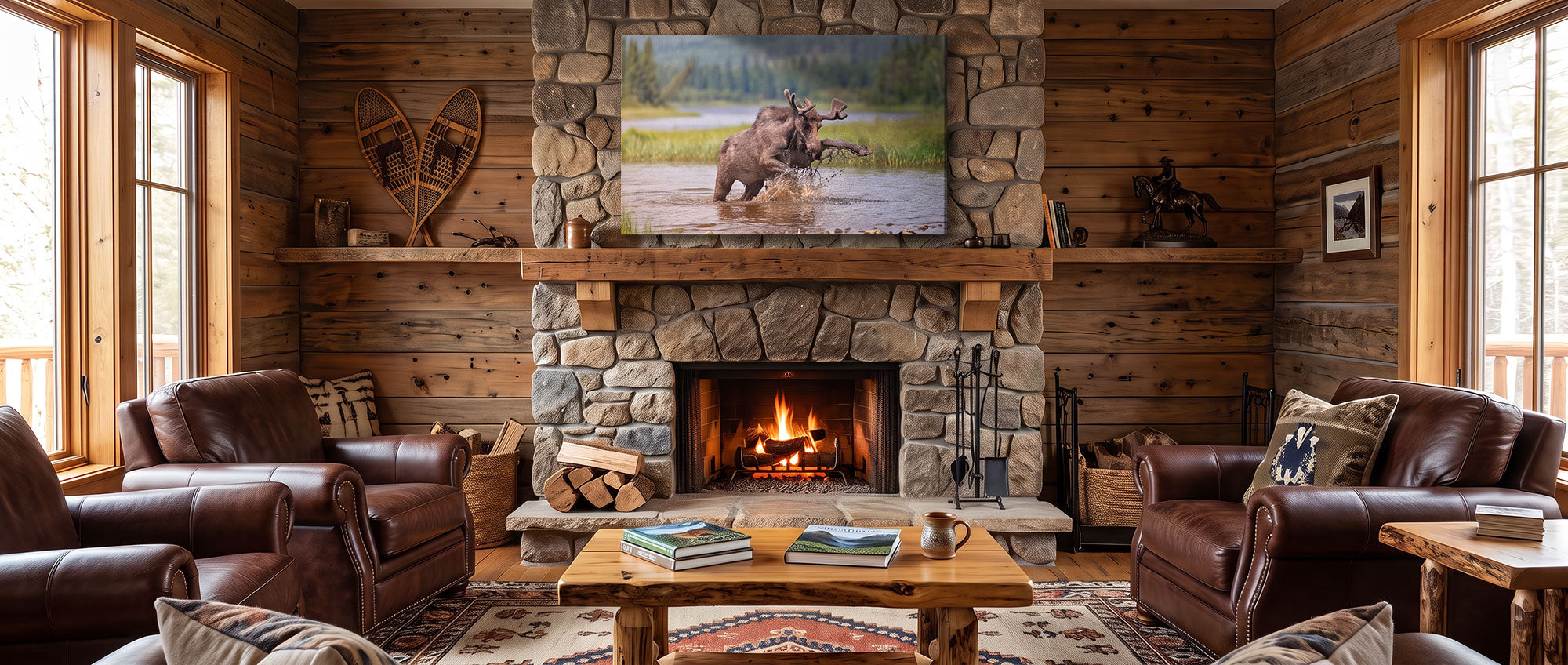 A cozy rustic living room with a stone fireplace, brown leather armchairs, a wooden coffee table, and a large framed moose painting on the wall above the fireplace.