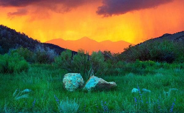 Mountain Sunset Wall Art – Vibrant Meadow Landscape – Canvas Print / Fine Art Print