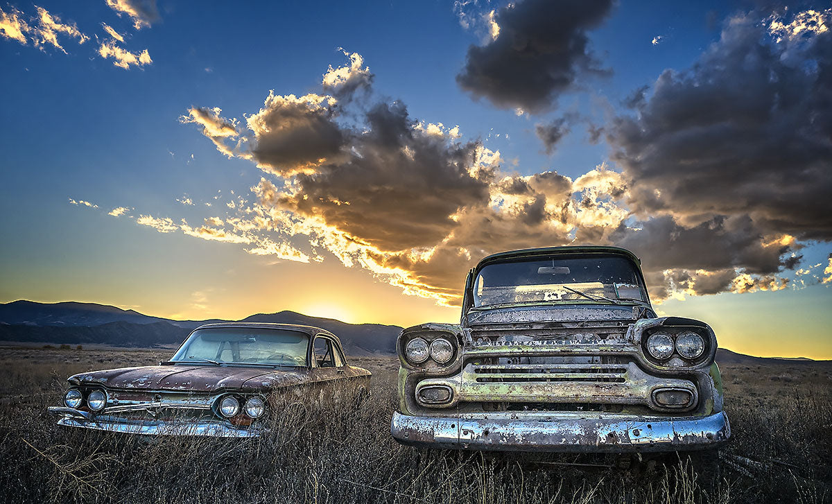 Old Vintage Rusted Cars Sunset - Canvas Print, Wall Art