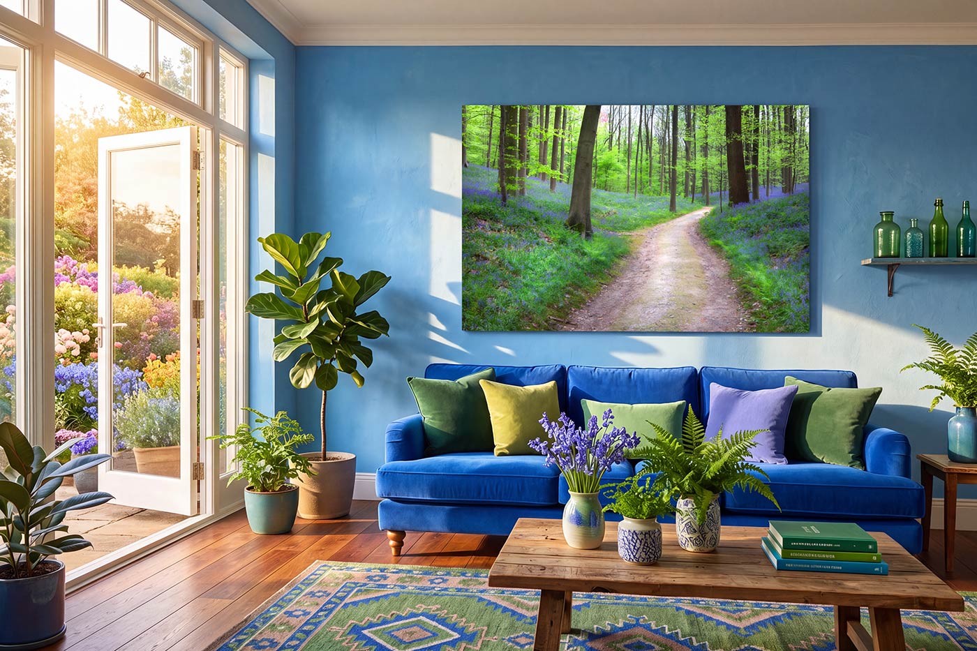A large rectangular canvas print of a forest path hanging on a blue wall in a styled living room with a blue sofa, plants, and a wooden coffee table.