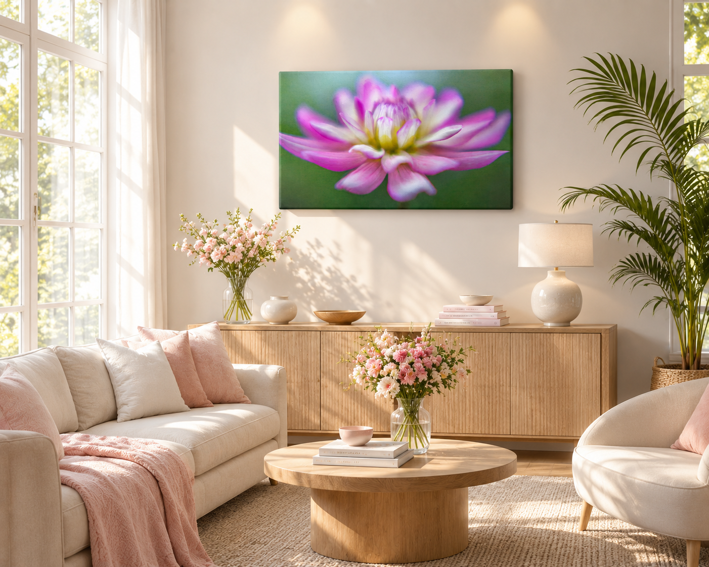 Pink Dahlia Wall Art gallery wrapped canvas print showcased in a bright modern home office with warm natural light and elegant botanical décor.