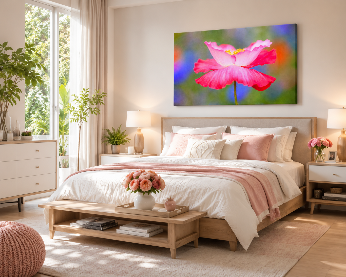 Pink Poppy Wall Art gallery wrapped canvas print showcased in a bright modern bedroom with warm natural light and elegant botanical décor.