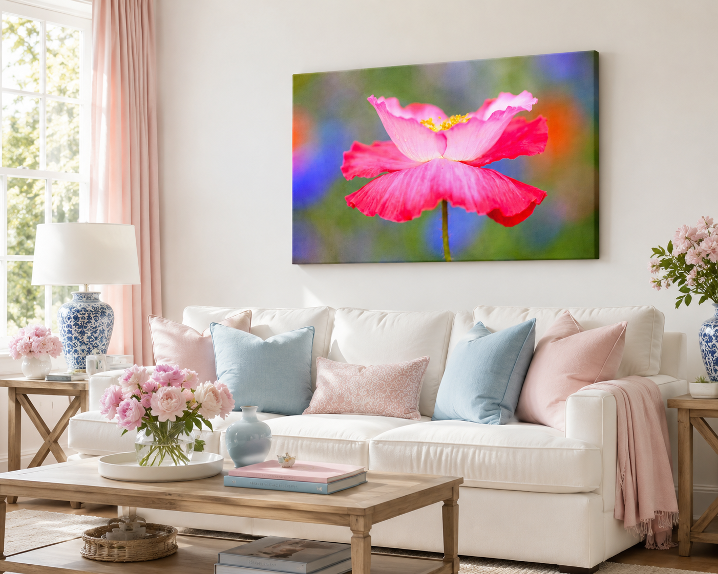Pink Poppy Wall Art gallery wrapped canvas print displayed in a bright contemporary living room with warm natural window light.