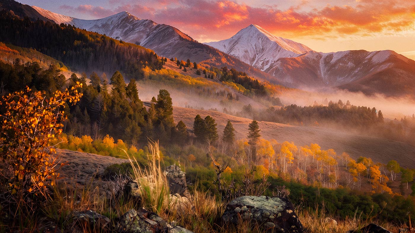 A scenic mountain landscape at sunrise or sunset with snow-capped peaks, misty valleys, evergreen trees, and golden autumn foliage in the foreground.