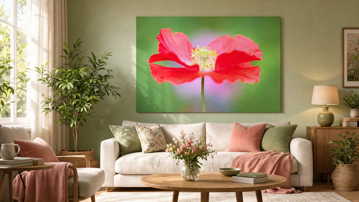 A large rectangular wall art print showing a close-up of a bright pink-red flower on a green background, displayed above a white sofa in a styled living room with plants, pillows, and a coffee table.