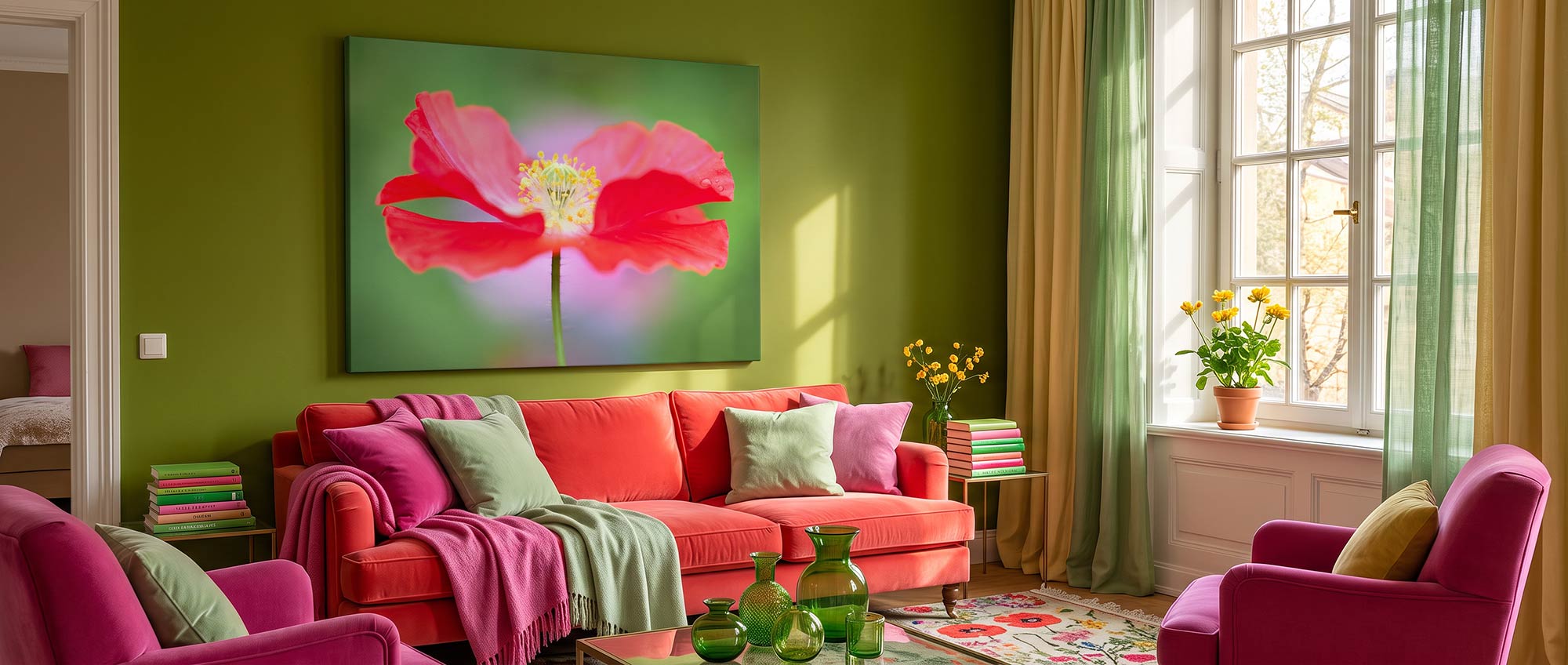 A vibrant living room featuring a large square canvas wall art print of a pink poppy flower on a green background, hung on an olive green wall above a coral-red sofa with pink and green pillows.