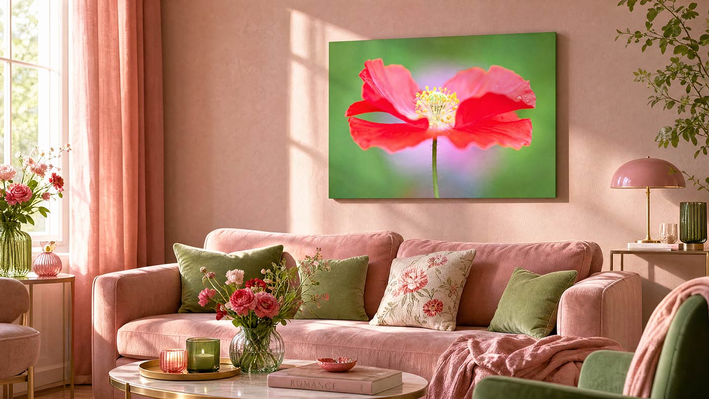 A pink floral wall art print hangs above a blush pink sofa in a styled living room. The artwork shows a large red poppy flower with a yellow center on a bright green background.