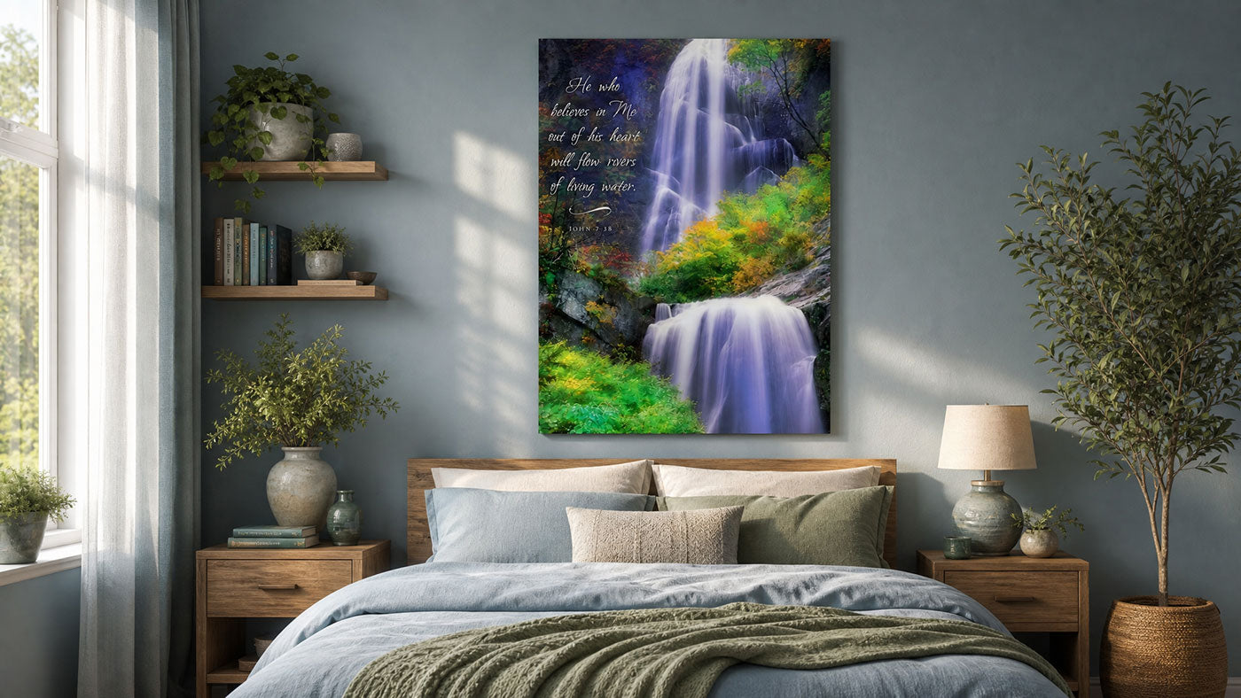 Rivers of Living Water Christian wall art with John 7:38 over a colorful forest waterfall. The print hangs in a romantic bedroom as a canvas print.